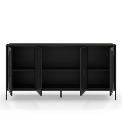 A modern black sideboard cabinet with four open doors and two interior shelves, shown against a plain white background.