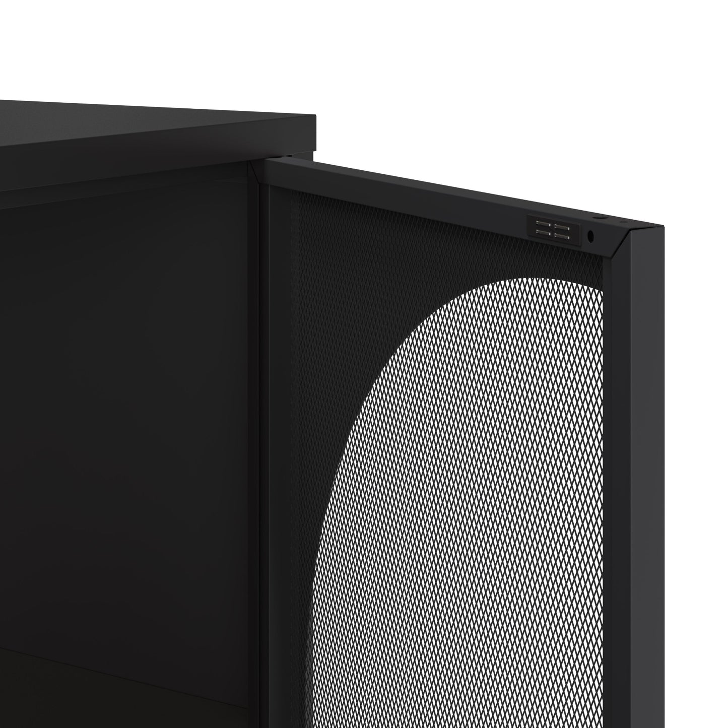 Close-up of a black mesh-front electronic device or speaker cabinet against a plain white background.