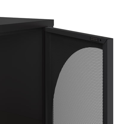 Close-up of a black mesh-front electronic device or speaker cabinet against a plain white background.