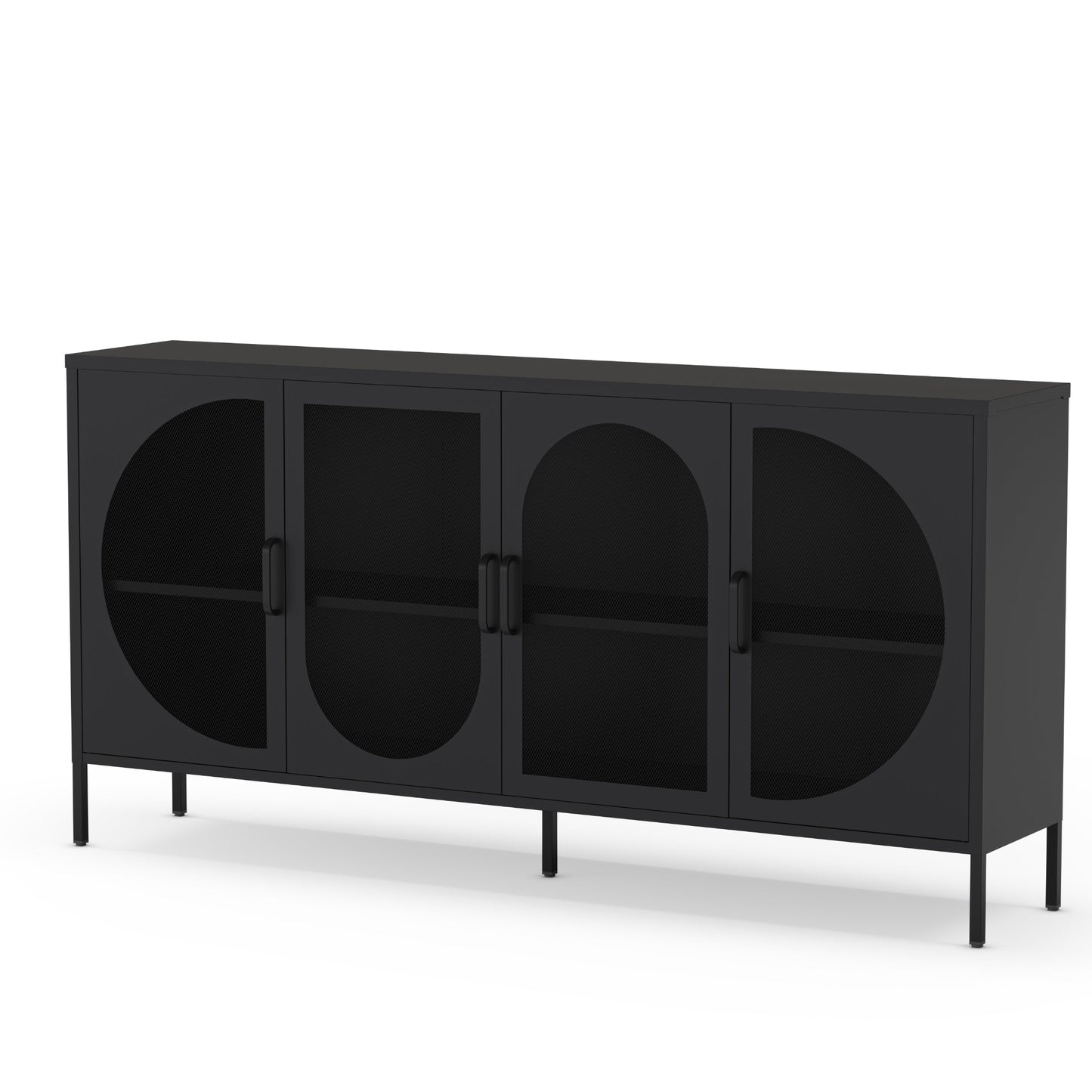 A modern black sideboard cabinet with four doors featuring arched cutouts and slim black legs, shown on a plain white background.
