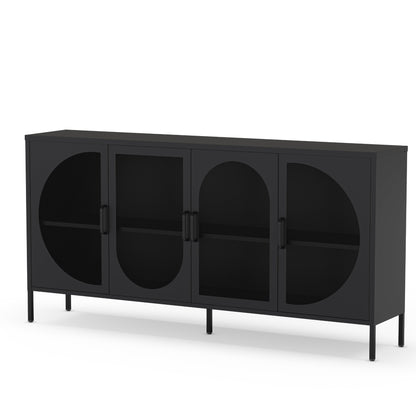 A modern black sideboard cabinet with four doors featuring arched cutouts and slim black legs, shown on a plain white background.