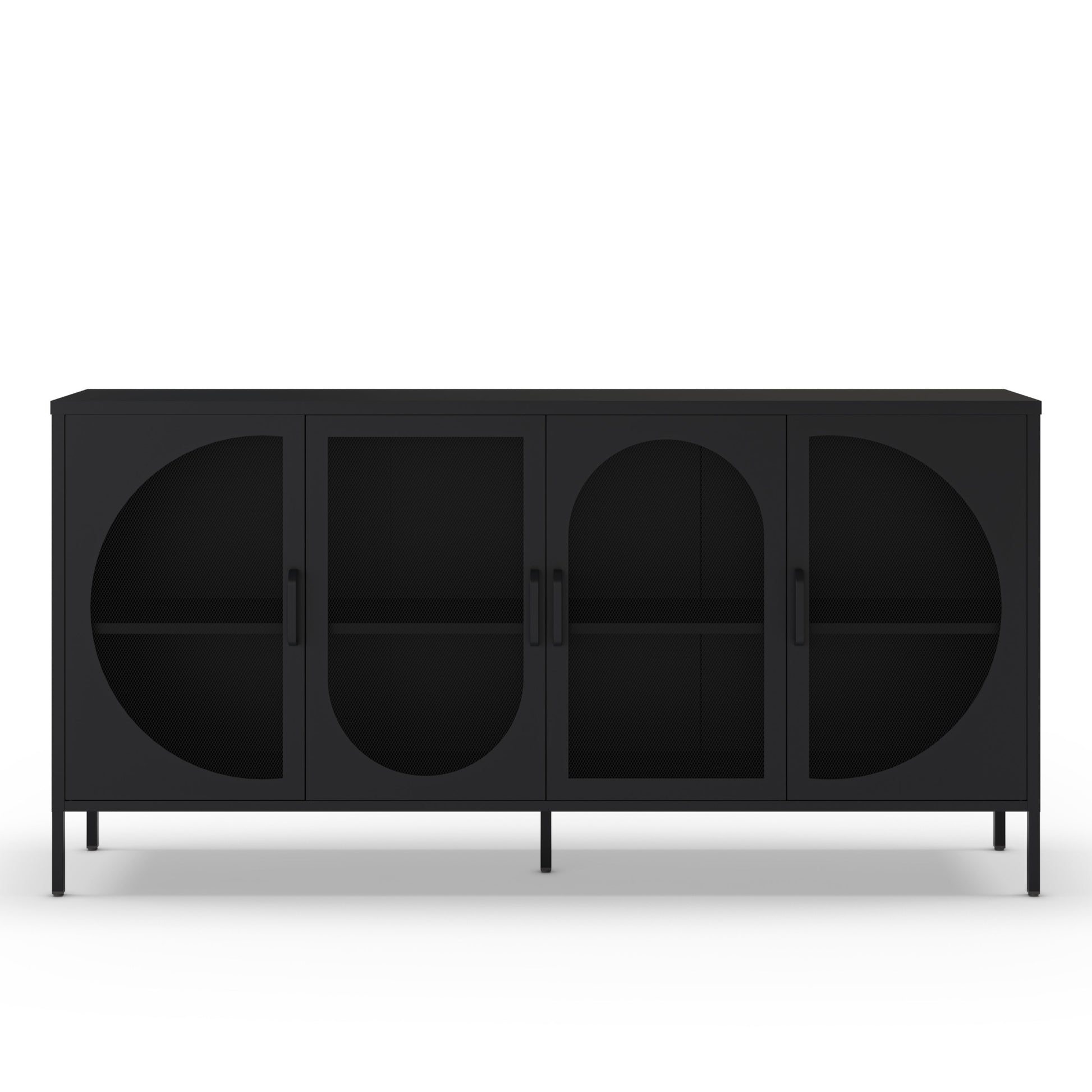A modern black sideboard cabinet with four doors featuring arched and circular cutouts, shown against a plain white background.
