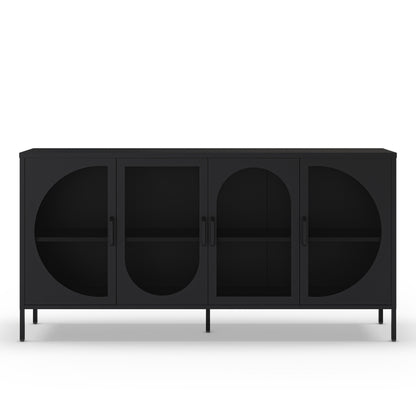 A modern black sideboard cabinet with four doors featuring arched and circular cutouts, shown against a plain white background.