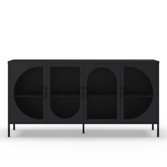 A modern black sideboard cabinet with four doors featuring arched and circular cutouts, shown against a plain white background.