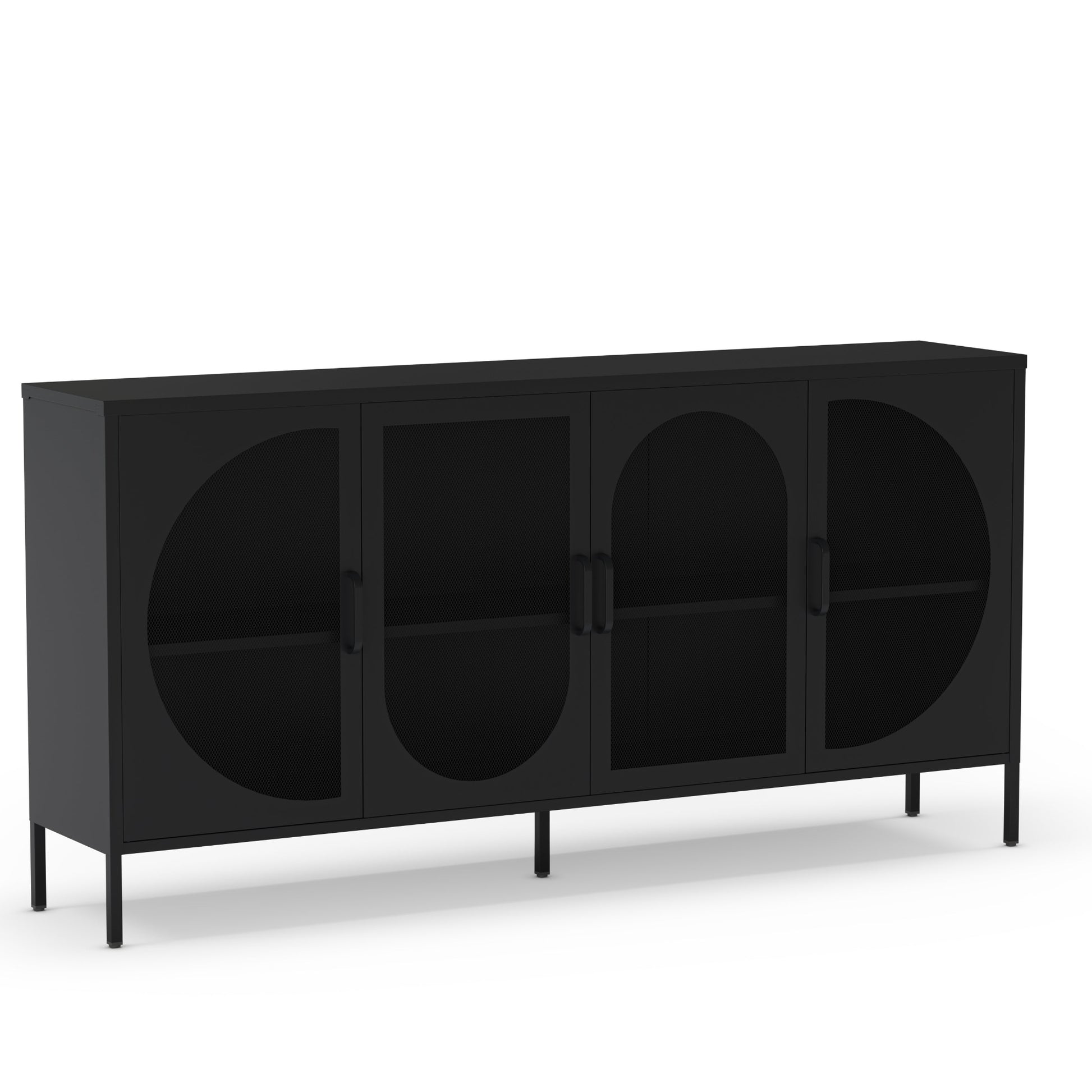 A modern black sideboard cabinet with four doors featuring arched cutouts and slim black legs, shown on a plain white background.