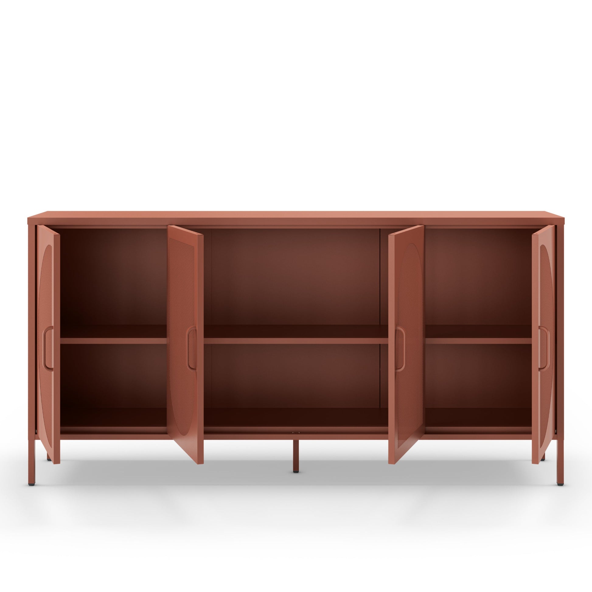 A mid-century modern sideboard cabinet with a terracotta rust finish, featuring three open doors and two adjustable shelves, shown against a plain white background.