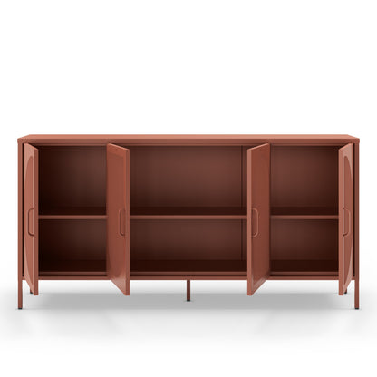 A mid-century modern sideboard cabinet with a terracotta rust finish, featuring three open doors and two adjustable shelves, shown against a plain white background.