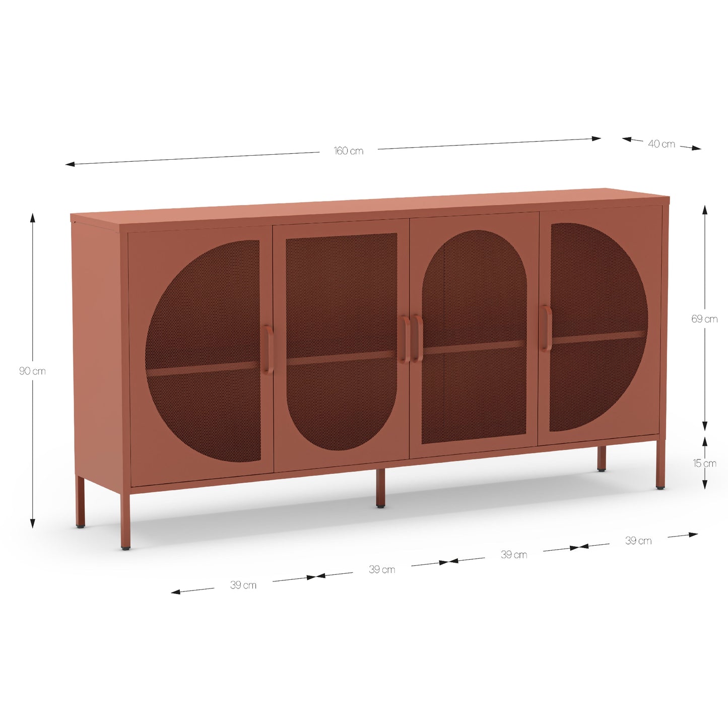 A reddish-brown wooden sideboard cabinet with four arched glass doors and dimension callouts showing its measurements on a white background.