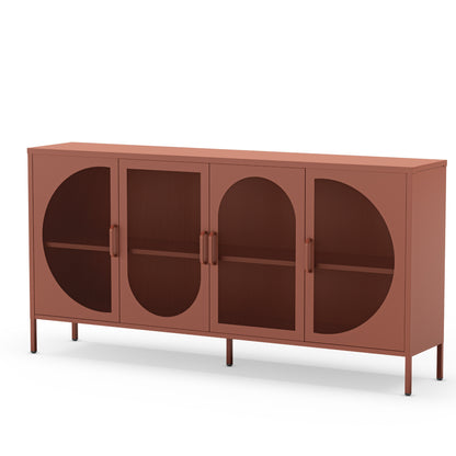 A modern sideboard cabinet with four doors featuring arched cutouts and open shelves, finished in a warm terracotta rust color with slim matching legs and handles.