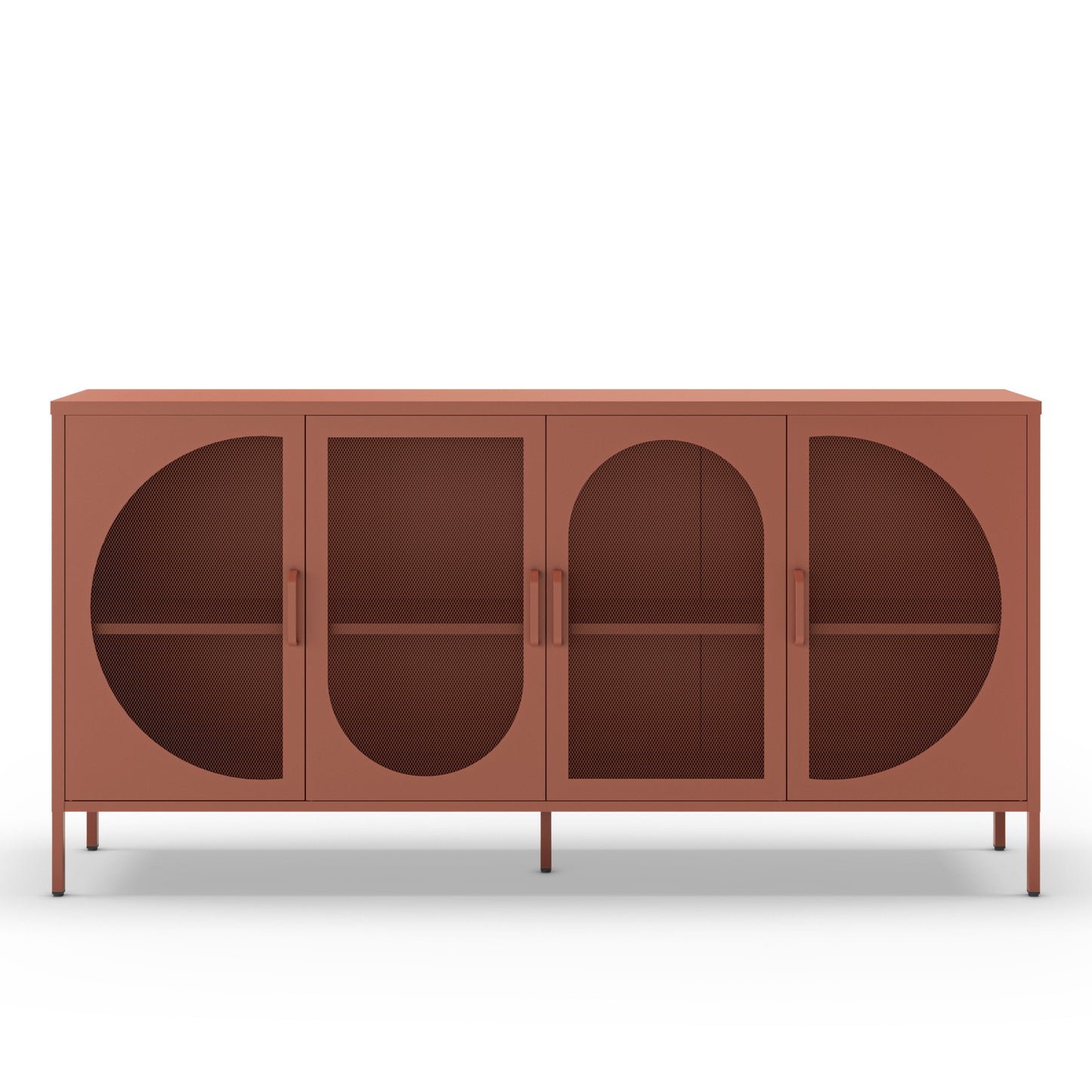 A modern sideboard cabinet with a terracotta rust finish, featuring four doors with unique arched and semi-circular cutouts, shown on a clean white background.