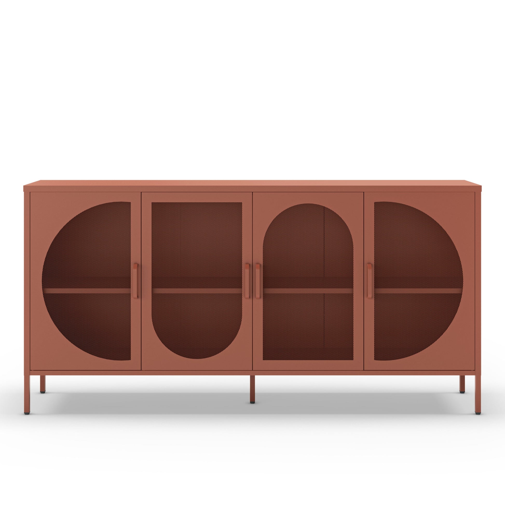 A modern sideboard cabinet with a terracotta rust finish, featuring four doors with unique arched and semi-circular cutouts, shown on a clean white background.