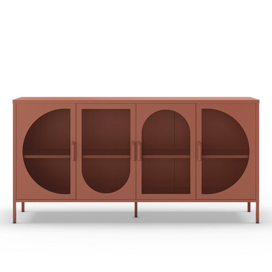 A modern sideboard cabinet with a terracotta rust finish, featuring four doors with unique arched and semi-circular cutouts, shown on a clean white background.