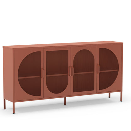 A modern sideboard cabinet with a terracotta rust finish, featuring four arched glass-front doors and open shelving, shown on a plain white background.