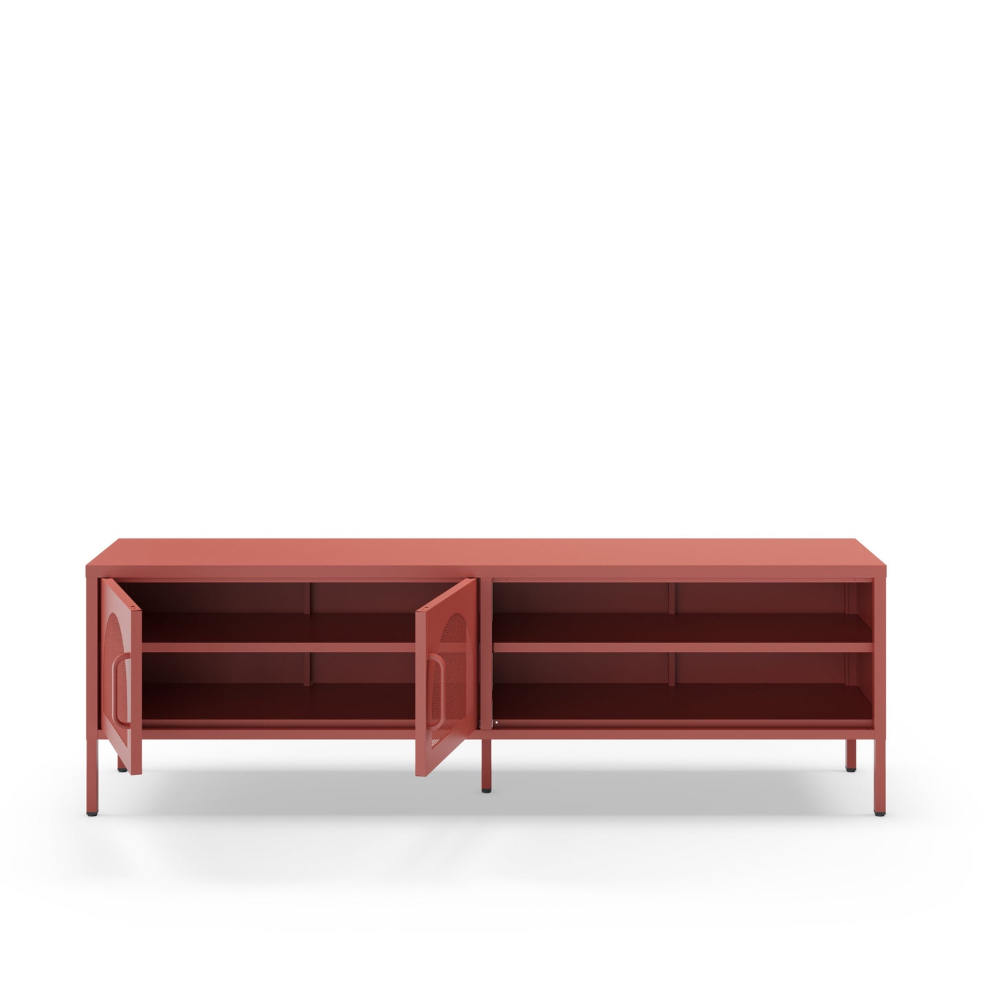 A modern sideboard cabinet in a terracotta red finish, featuring two doors swung open to reveal three interior shelves, set against a plain white background.