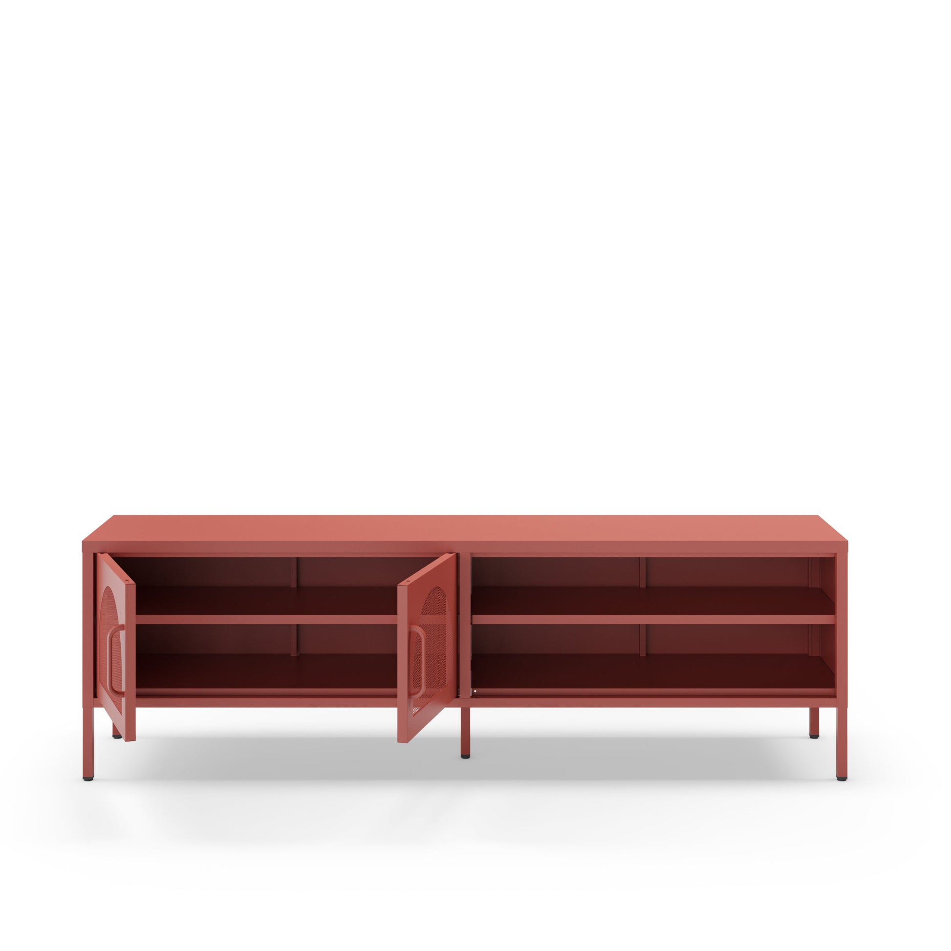 A modern sideboard cabinet in a terracotta red finish, featuring two doors swung open to reveal three interior shelves, set against a plain white background.