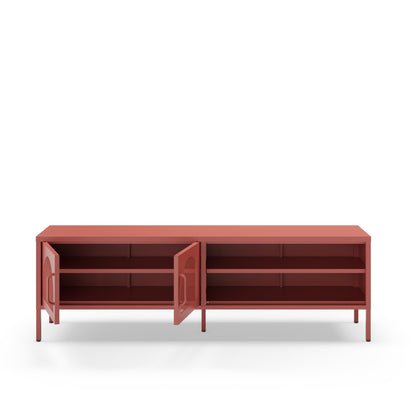 A modern sideboard cabinet in a terracotta red finish, featuring two doors swung open to reveal three interior shelves, set against a plain white background.