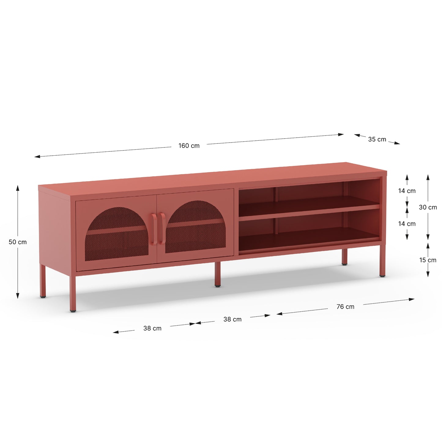 A reddish-brown wooden media console with dimension annotations showing its overall measurements (160 cm length, 50 cm height, and 76 cm shelf span) on a clean white background.