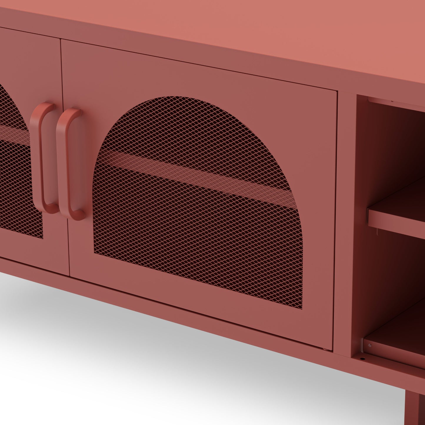 A close-up of a modern reddish-brown cabinet with arched mesh-front doors and matching curved handles, shown against a white floor background.