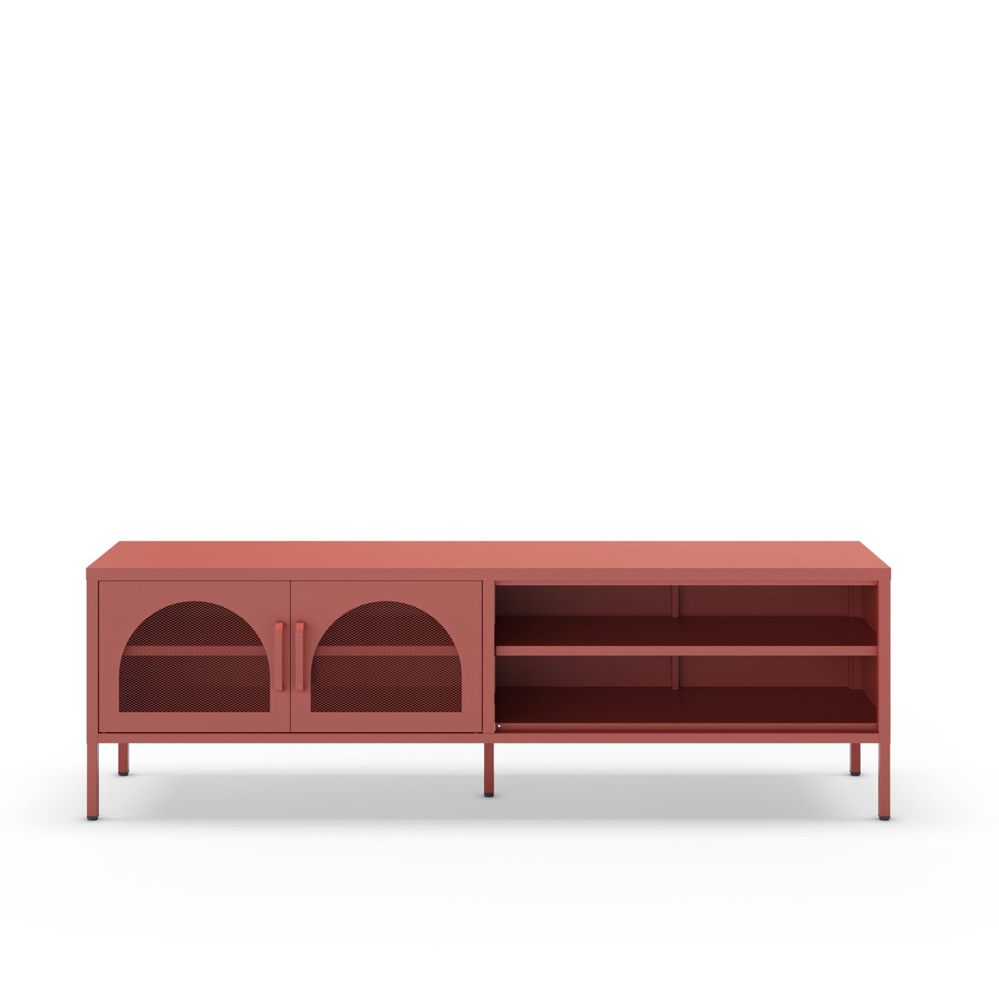 A modern media console cabinet in a muted terracotta red color, featuring two arched glass-front doors on the left and three open shelves on the right, supported by slim legs, shown against a plain white background.