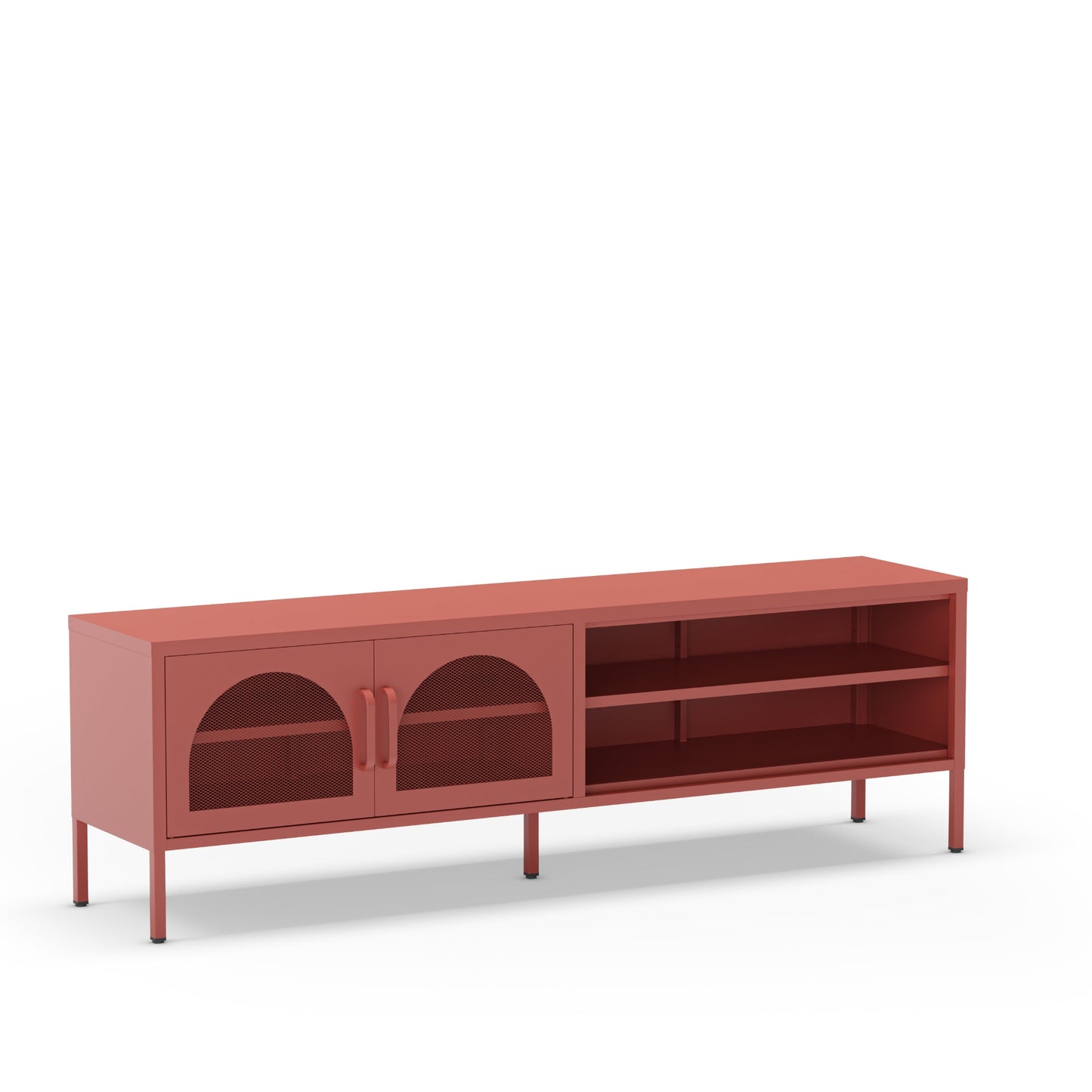 A modern media console cabinet in a terracotta red finish, featuring two arched glass-front doors on the left and open shelving on the right, supported by slim legs, shown on a plain white background.
