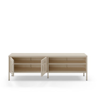 A modern light beige sideboard cabinet with two doors swung open to reveal three interior shelves, set against a plain white background.