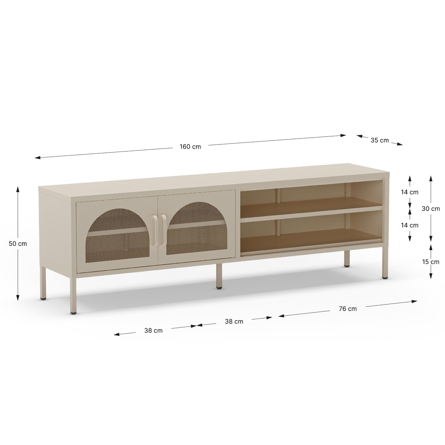 Metal TV-Stand Two-Door & Open Shelf Cream 160cm Antonia Collection