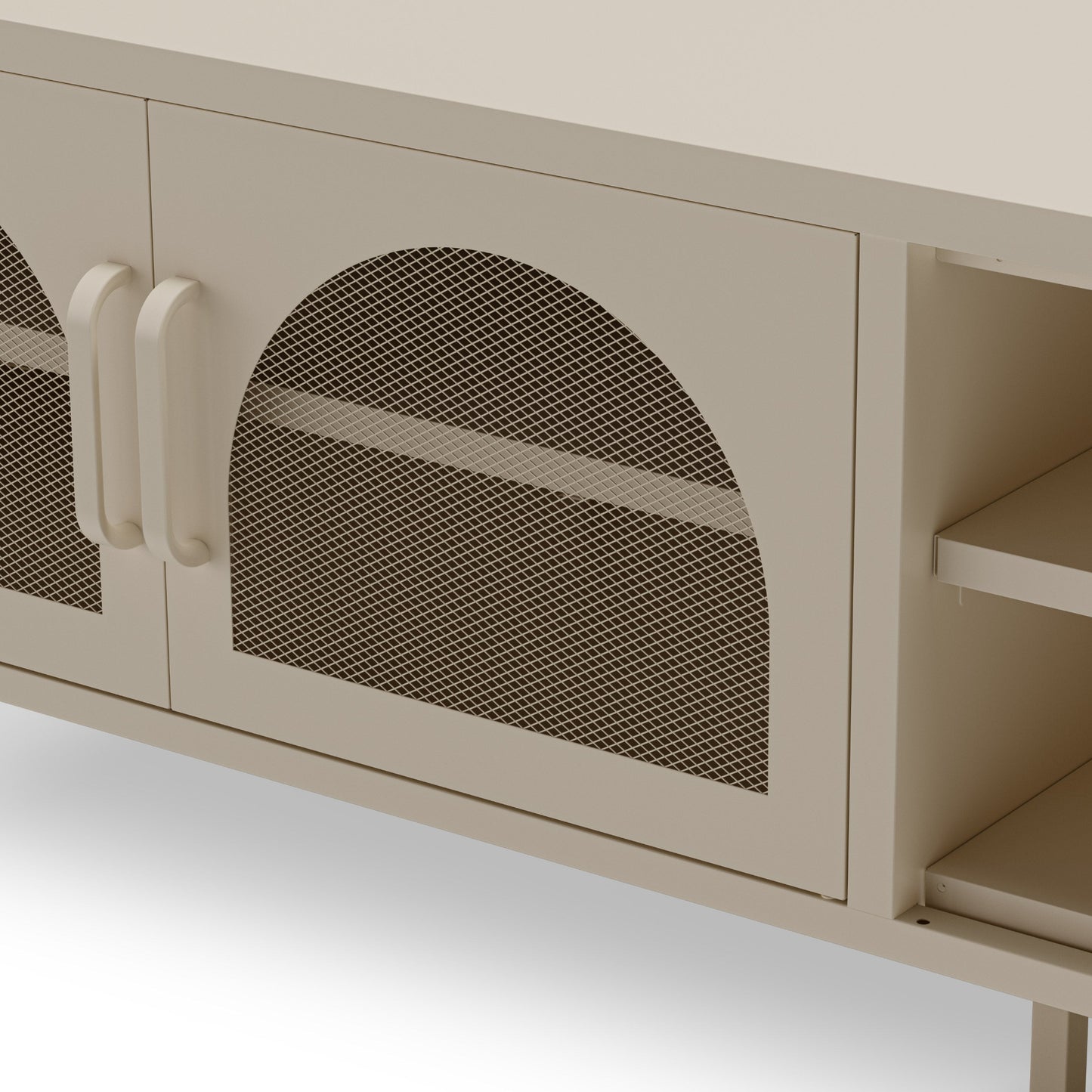 Close-up of a cream-colored cabinet with two doors featuring arched black mesh panels and matching cream handles, next to open shelving.