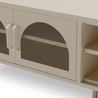 Close-up of a cream-colored cabinet with two doors featuring arched black mesh panels and matching cream handles, next to open shelving.