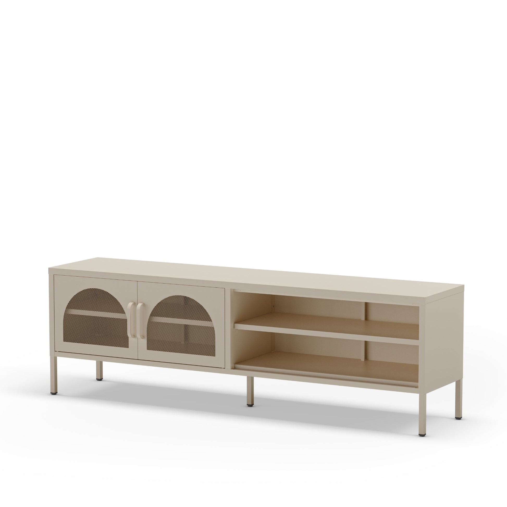 A modern low-profile media console with a light beige finish, featuring two cabinet doors with arched glass panels on the left and open shelving on the right, supported by slim metal legs.