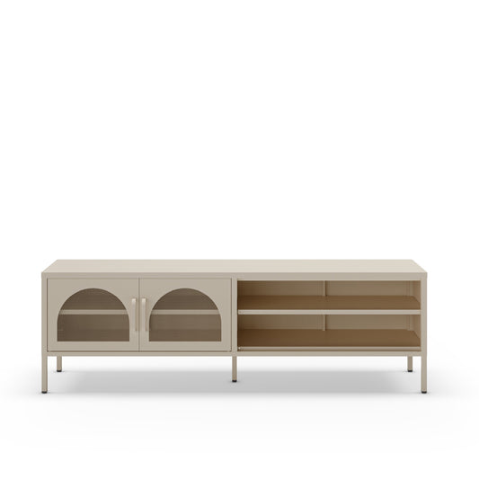 A modern low-profile TV stand or media console with a light beige finish, featuring two arched glass-front doors on the left and open shelving on the right, supported by slim metal legs.