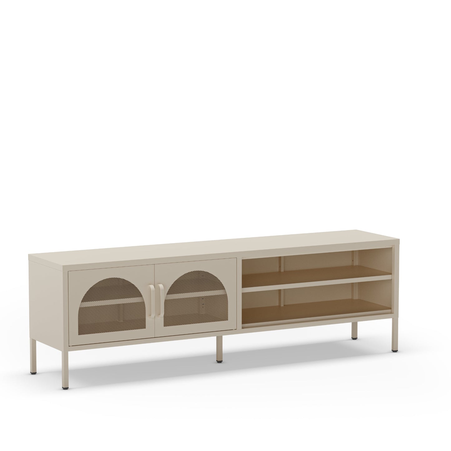 A modern low-profile media console in a light beige finish, featuring two cabinet doors with arched glass panels on the left and open shelving on the right, supported by slim legs.