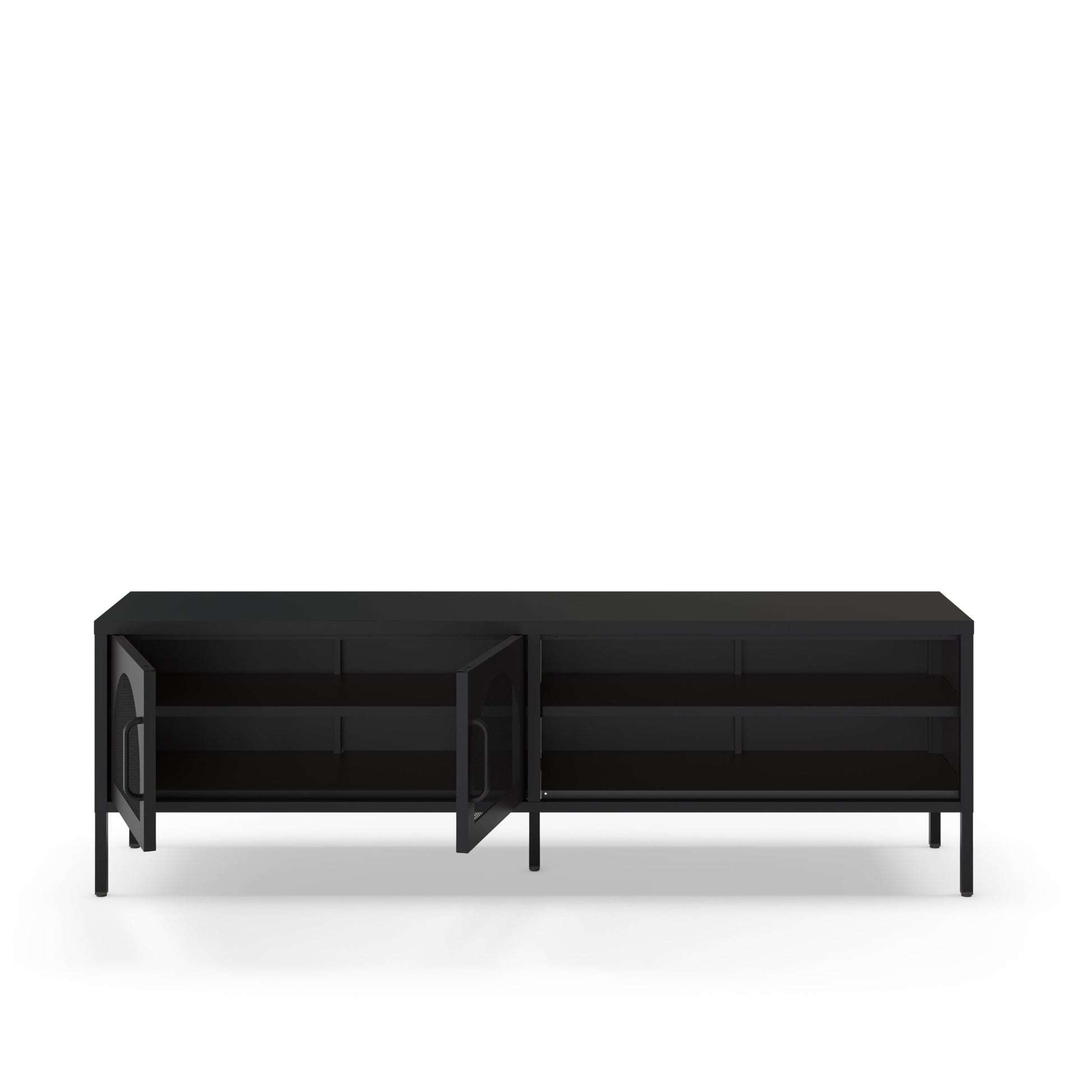 A modern black sideboard or media console with a flat rectangular top, open shelving, and one door swung open, shown on a clean white background.