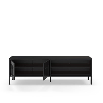 A modern black sideboard or media console with a flat rectangular top, open shelving, and one door swung open, shown on a clean white background.