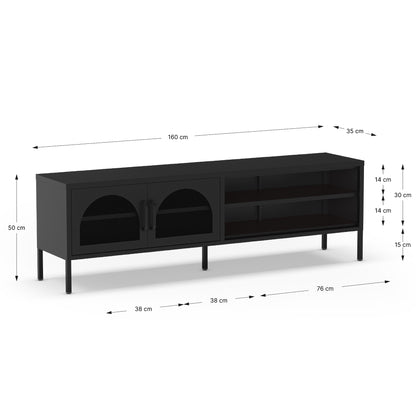 Black wooden TV stand with dimension annotations showing its width, height, and depth measurements on a white background.