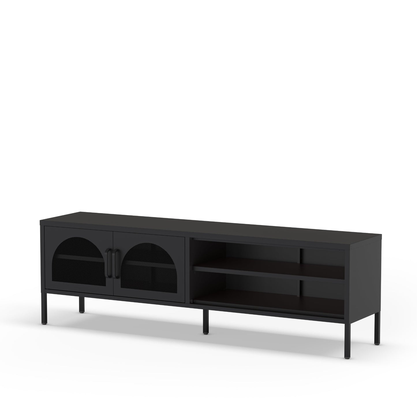 A modern black media console with two arched glass doors on the left and open shelving on the right, supported by slim legs, shown on a white background.