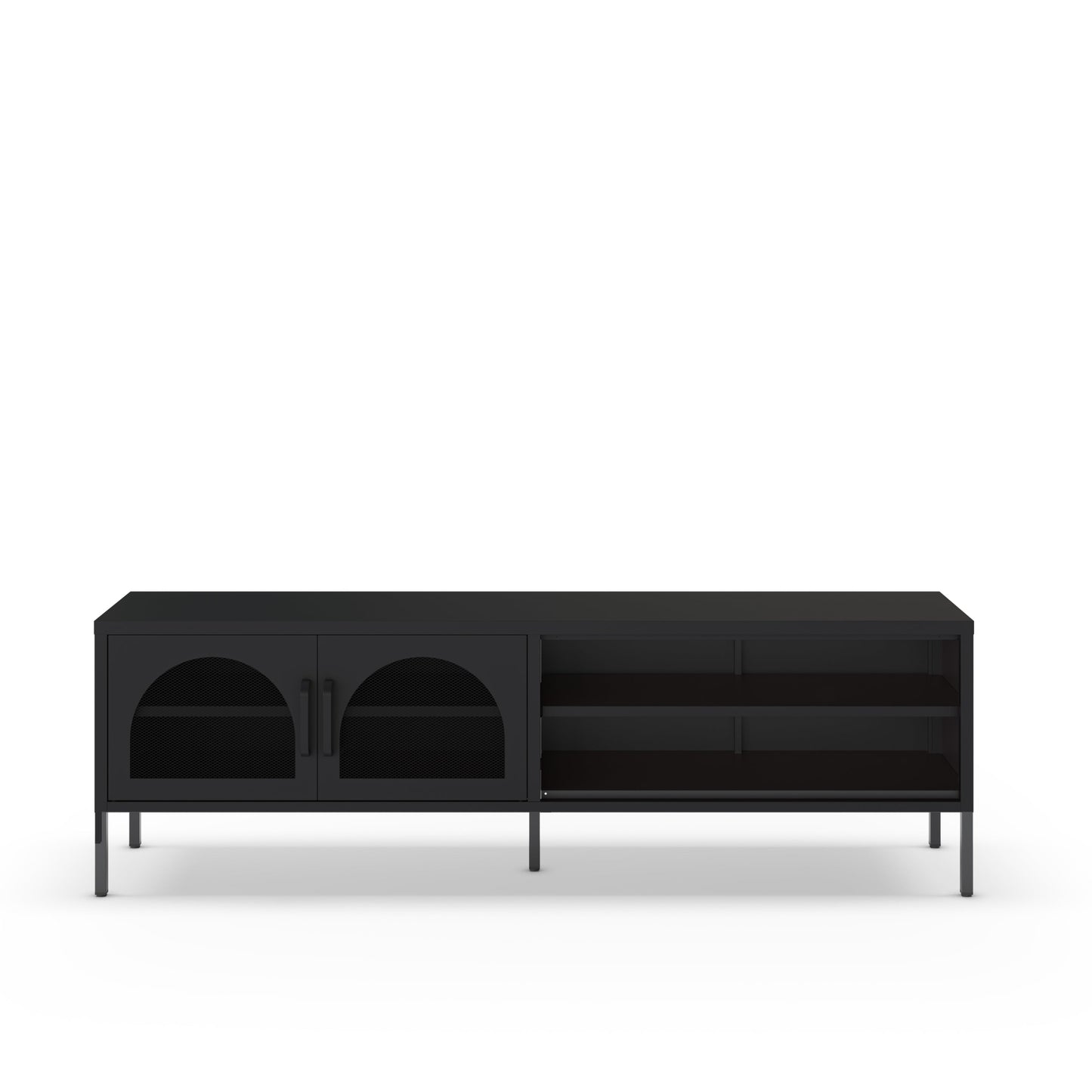 A modern black media console with two arched cabinet doors on the left and open shelving on the right, supported by slim legs, shown against a plain white background.