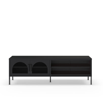 A modern black media console with two arched cabinet doors on the left and open shelving on the right, supported by slim legs, shown against a plain white background.