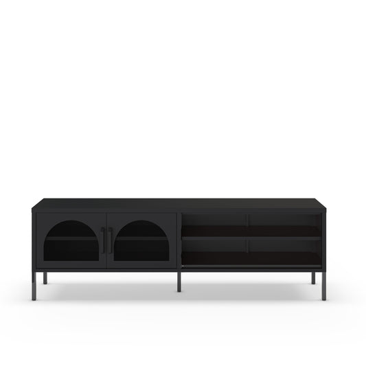 A modern black media console with two arched cabinet doors on the left and open shelving on the right, supported by slim legs, shown against a plain white background.