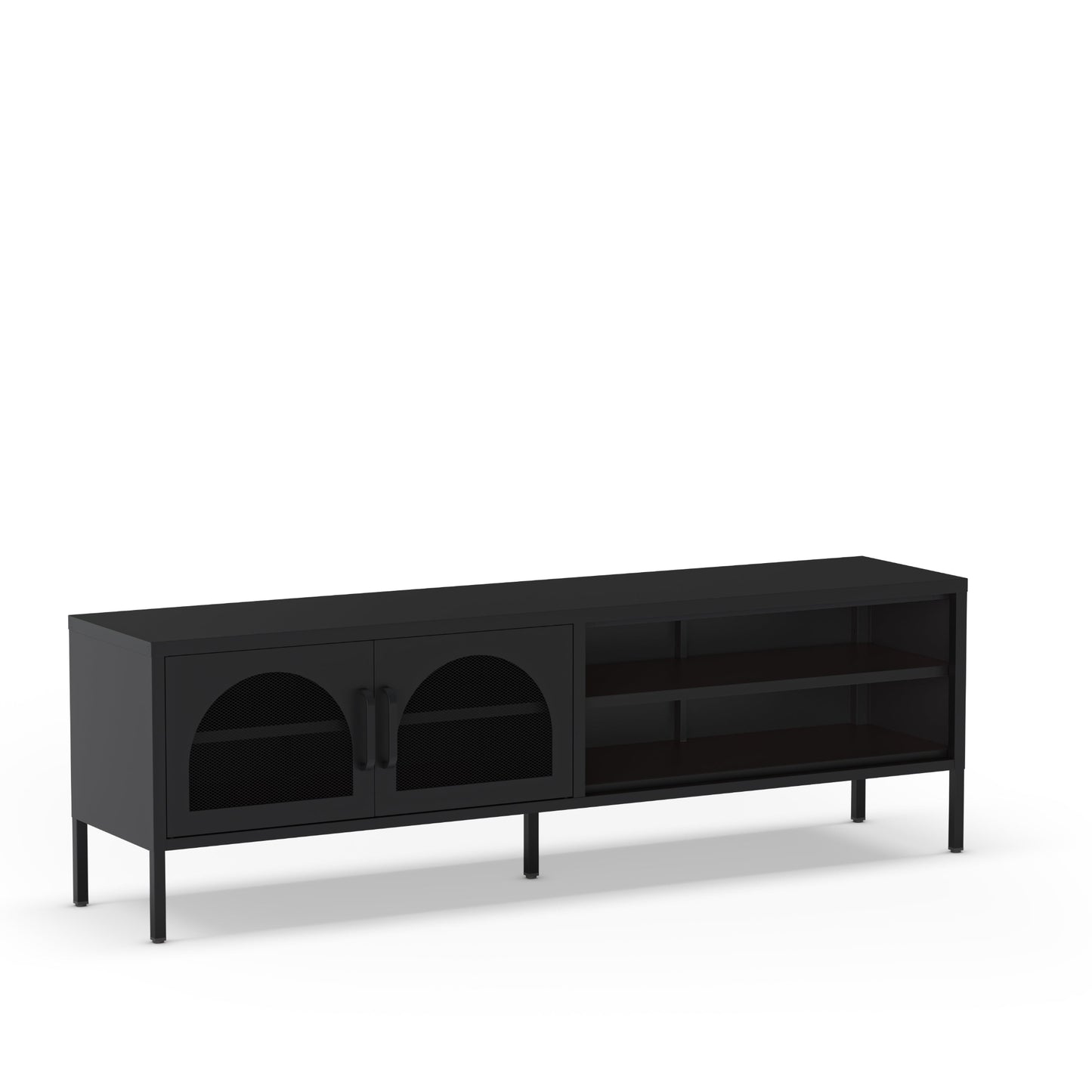 A modern black media console with two arched glass-front doors on the left and open shelving on the right, supported by slim legs, shown on a plain white background.