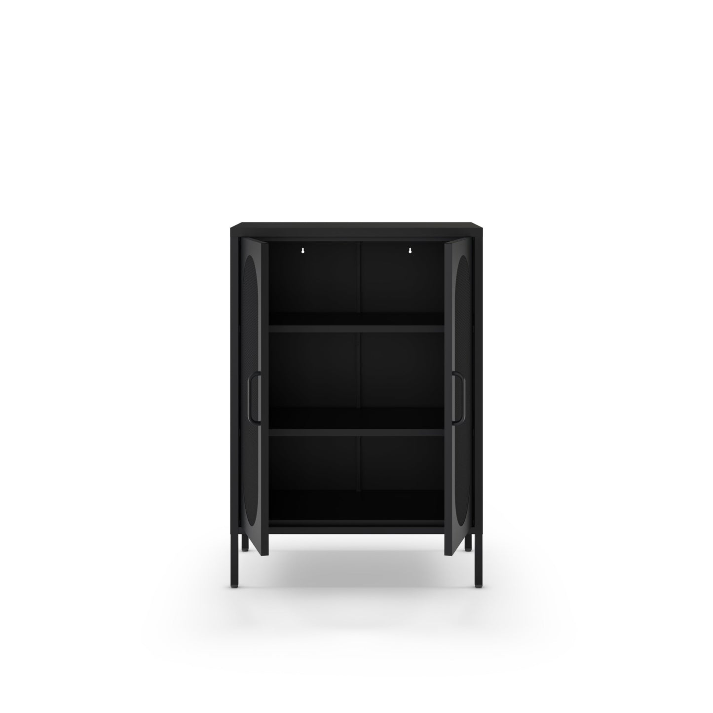 A modern black metal storage cabinet with two open doors, showing three interior shelves, set against a plain white background.