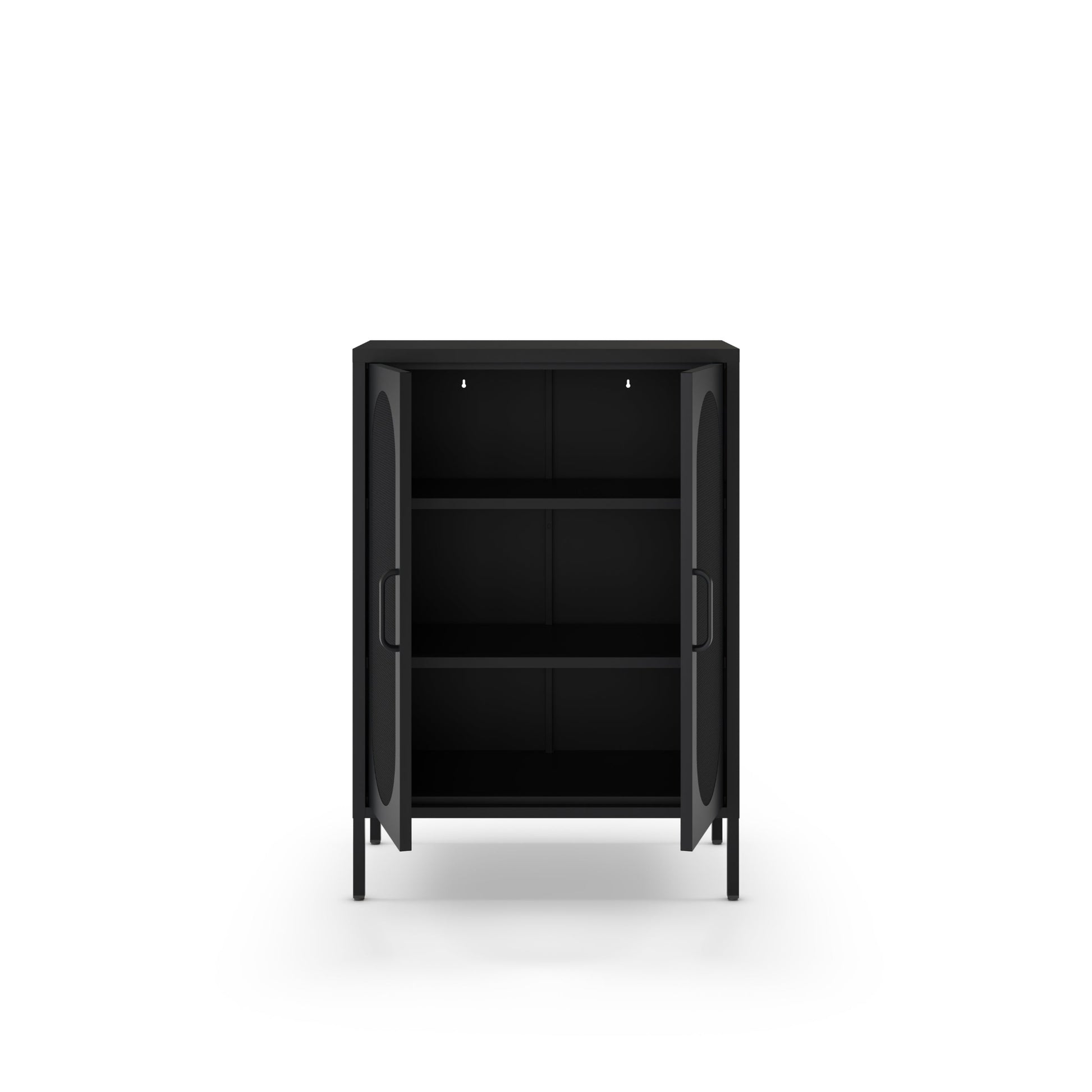 A modern black metal storage cabinet with two open doors, showing three interior shelves, set against a plain white background.