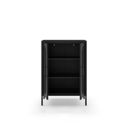 A modern black metal storage cabinet with two open doors, showing three interior shelves, set against a plain white background.