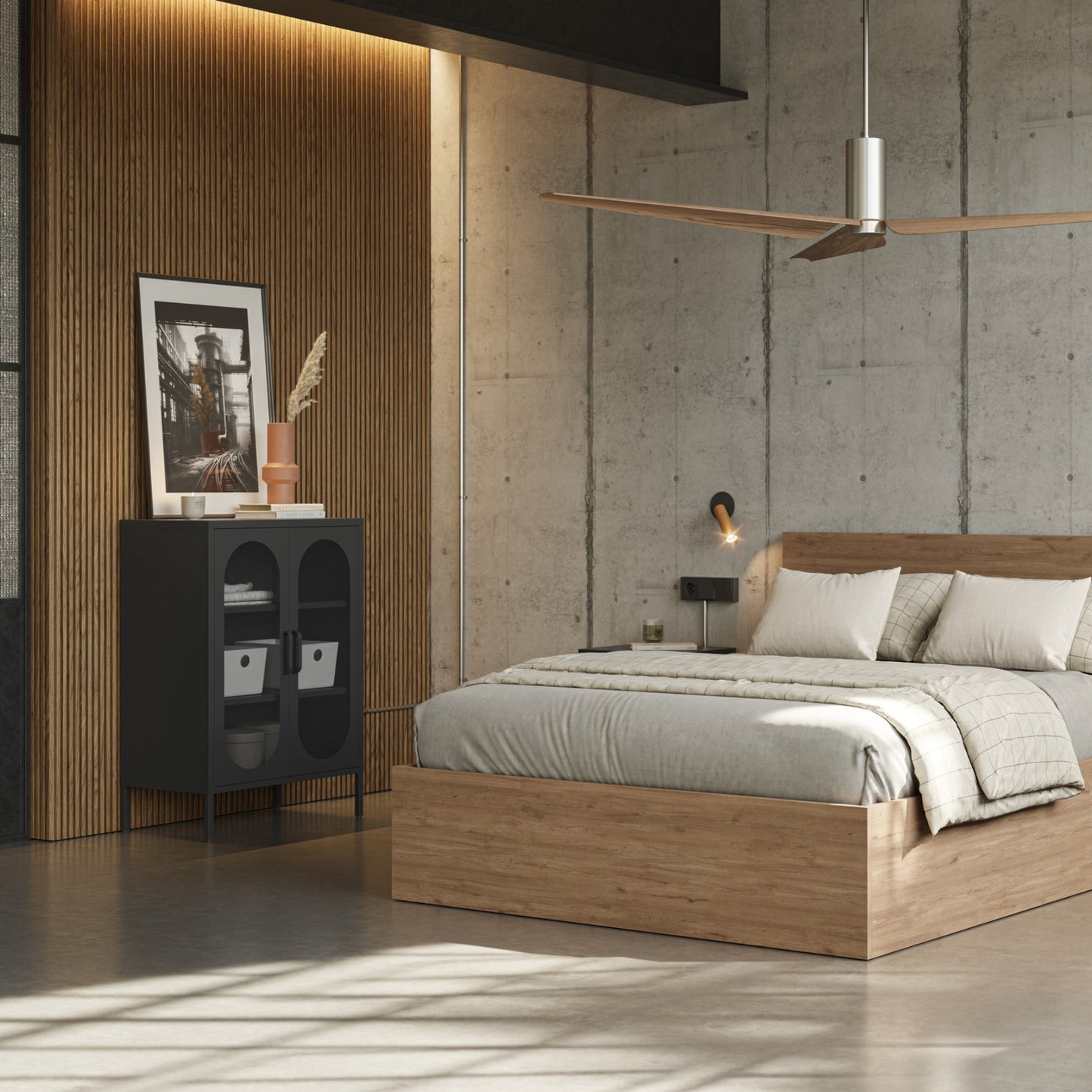 A modern platform bed with a light oak wood frame and white bedding, styled in a minimalist concrete-walled bedroom with matching dark nightstands and wall sconces.