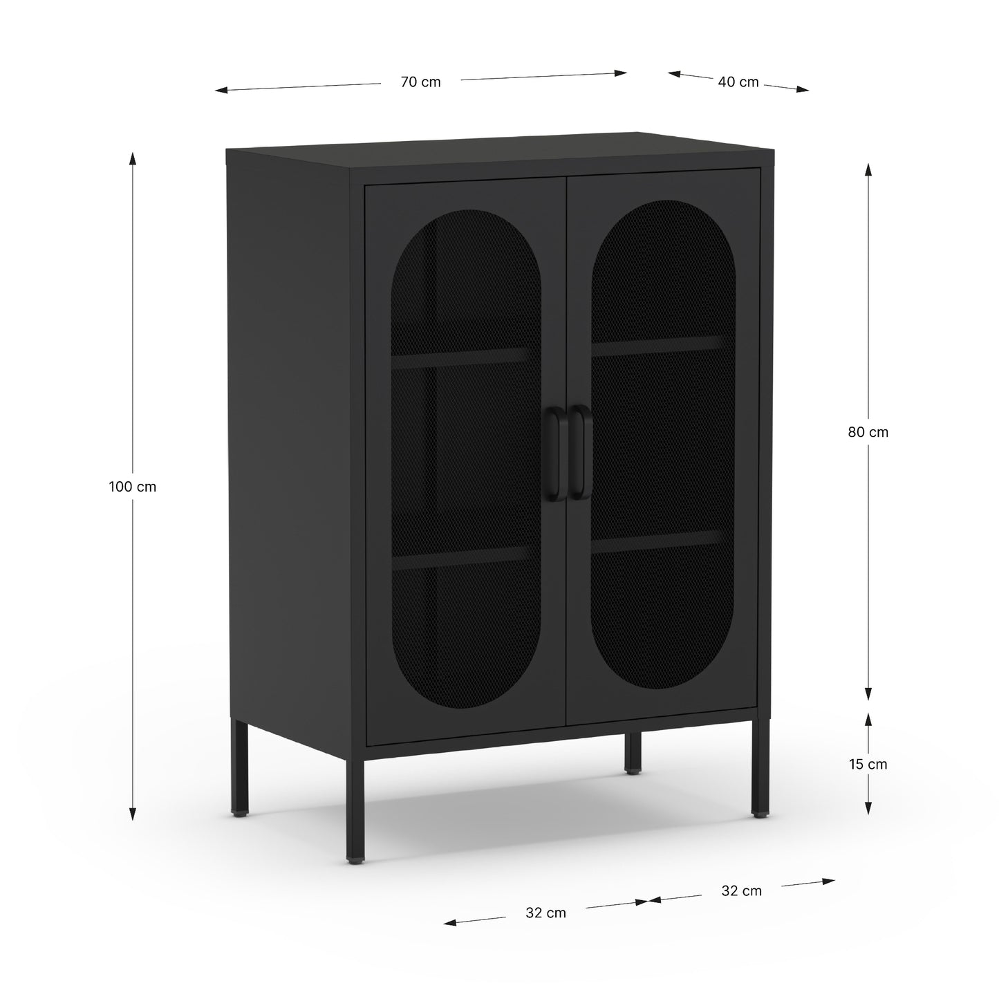 Black two-door cabinet with arched glass door panels, shown with dimension labels indicating 100 cm height, 70 cm width, 40 cm top width, 80 cm overall height, 15 cm leg clearance, and 32 cm base width.