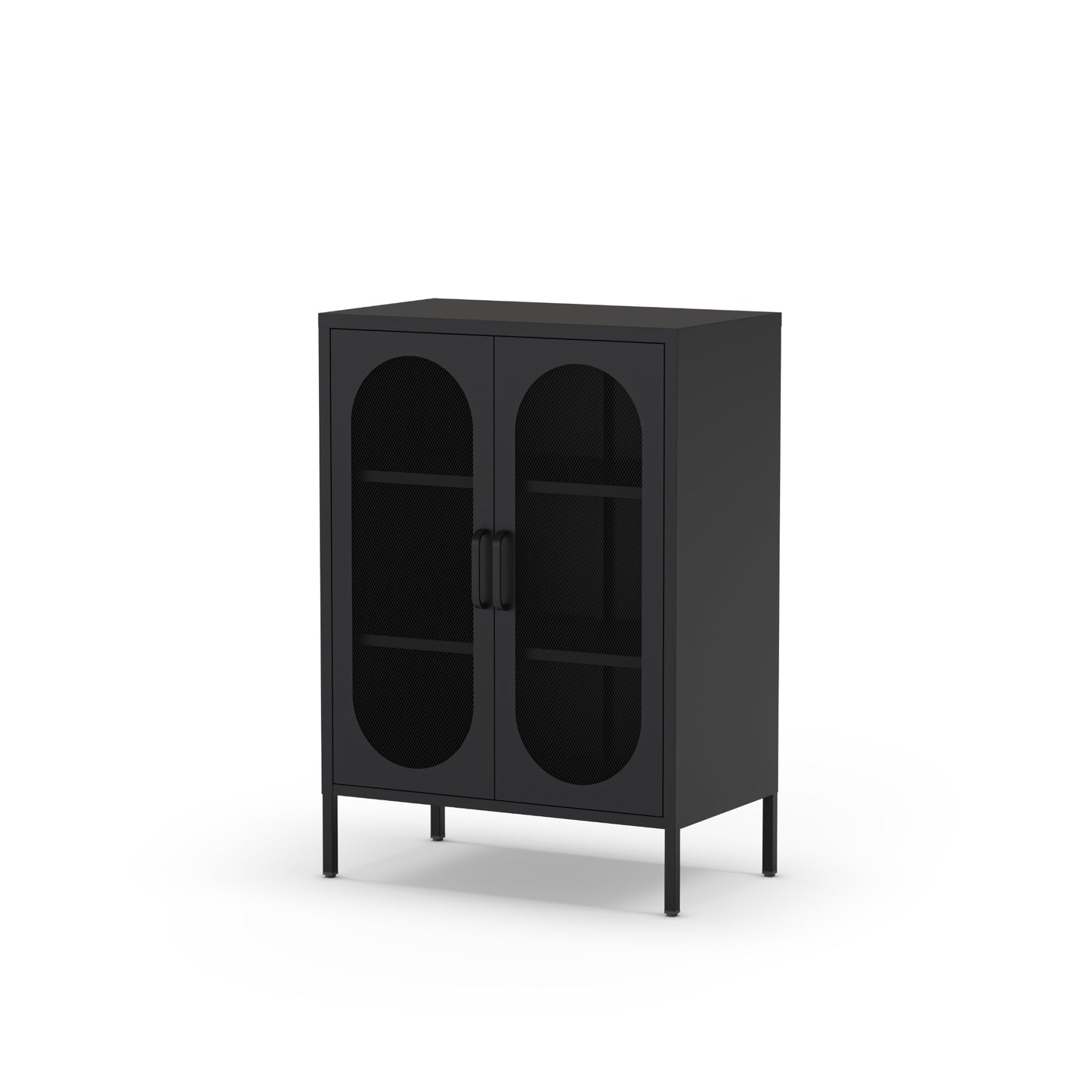 A modern black cabinet with two arched glass doors, open shelves inside, and slim black legs, shown on a plain white background.