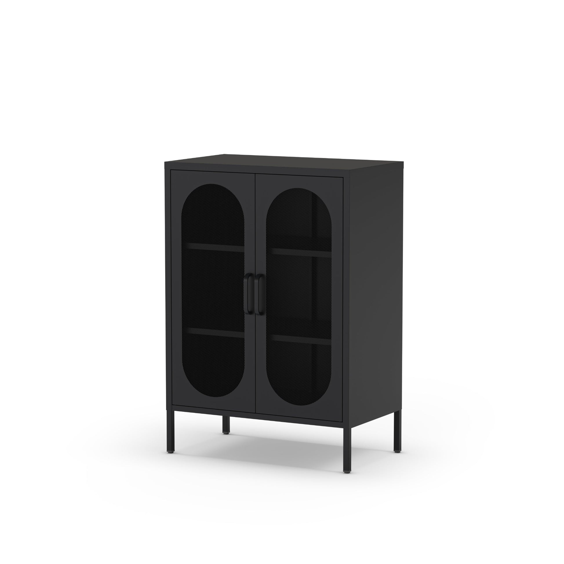 A modern black cabinet with two arched glass doors, open shelves inside, and slim black legs, shown on a plain white background.
