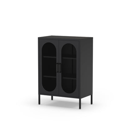 A modern black cabinet with two arched glass doors, open shelves inside, and slim black legs, shown on a plain white background.