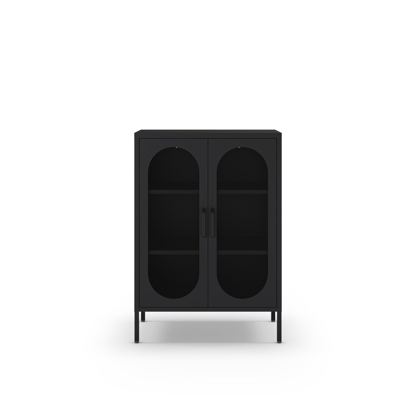 A modern black two-door cabinet with arched glass door panels and two interior shelves, shown from the front on a clean white background.