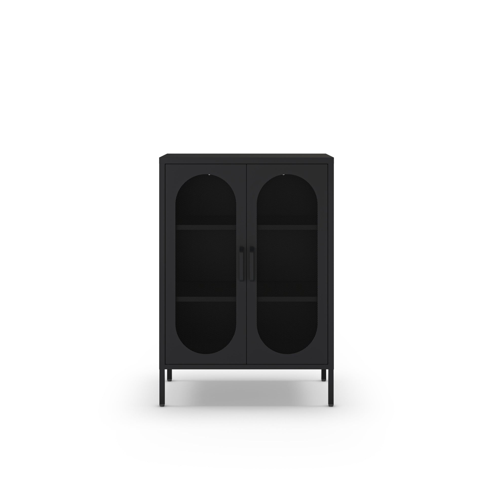 A modern black two-door cabinet with arched glass door panels and two interior shelves, shown from the front on a clean white background.