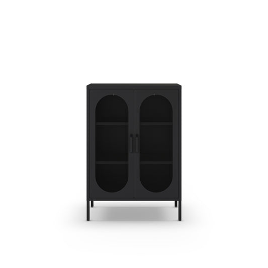 A modern black two-door cabinet with arched glass door panels and two interior shelves, shown from the front on a clean white background.